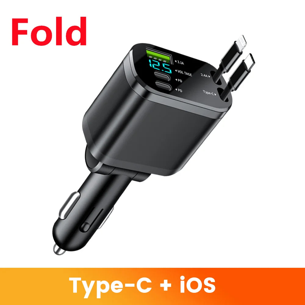 Elough 5 IN 1 Car Charger Retractable USB C to Lightning Cable 2 Type C