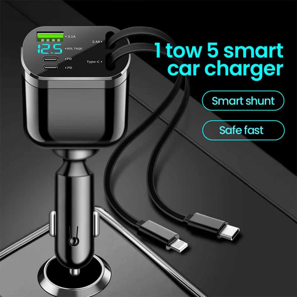 Elough 5 IN 1 Car Charger Retractable USB C to Lightning Cable 2 Type C