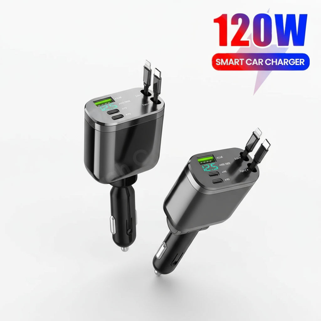 Elough 5 IN 1 Car Charger Retractable USB C to Lightning Cable 2 Type C