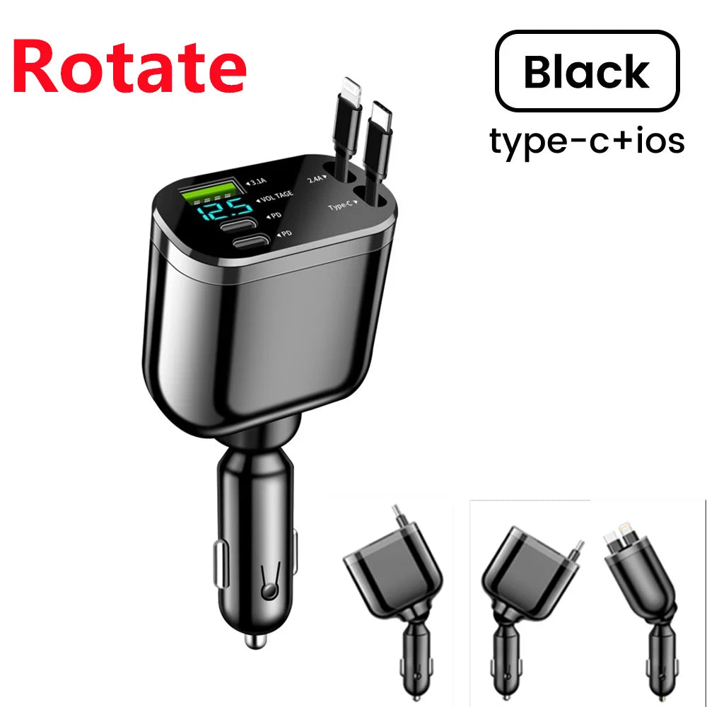 Elough 5 IN 1 Car Charger Retractable USB C to Lightning Cable 2 Type C